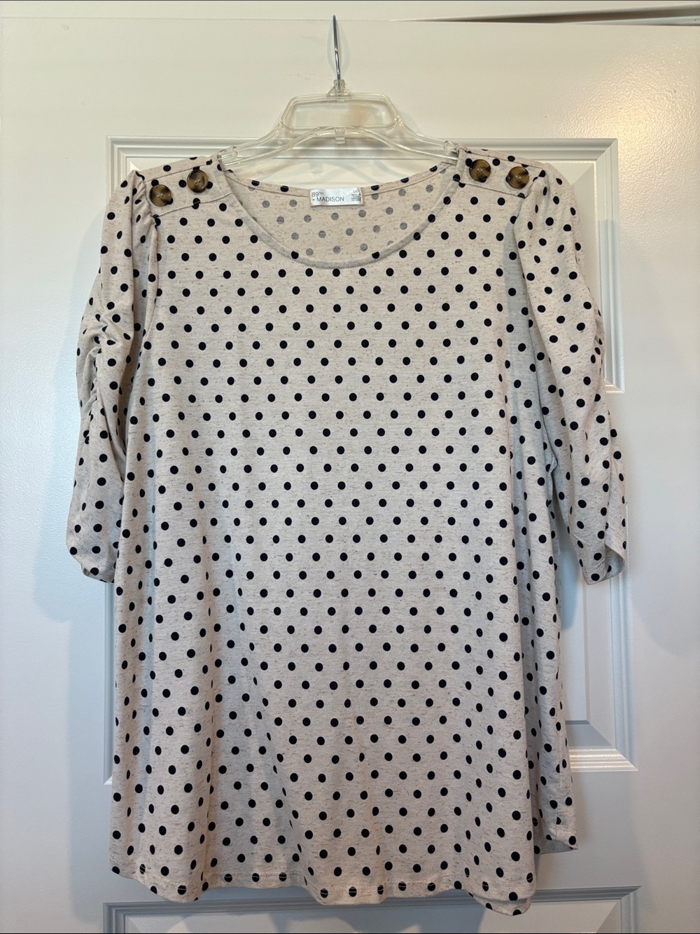 89th & Madison Cream Top with Black Polka Dots.